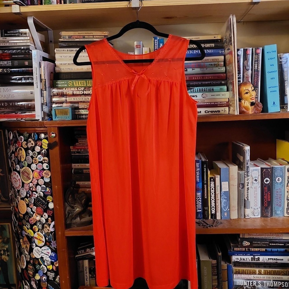 Vintage bright coral almost red 2-piece slip set with mini dress and over coat. - Picture 3 of 8
